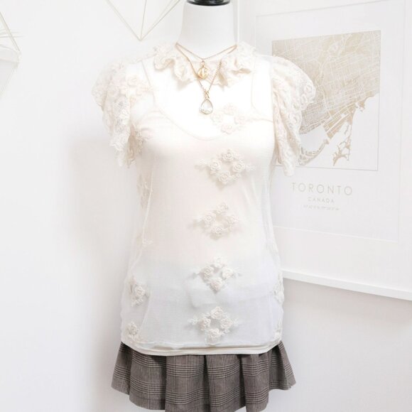 Cream Lace Ruffle Sleeve Tee 🍦 ZARA - Picture 1 of 6